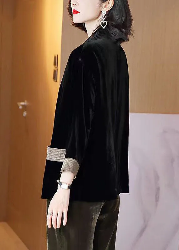 Loose Black V-Neck Pockets Patchwork Silk Velour Cardigans Bracelet Sleeve LY8189