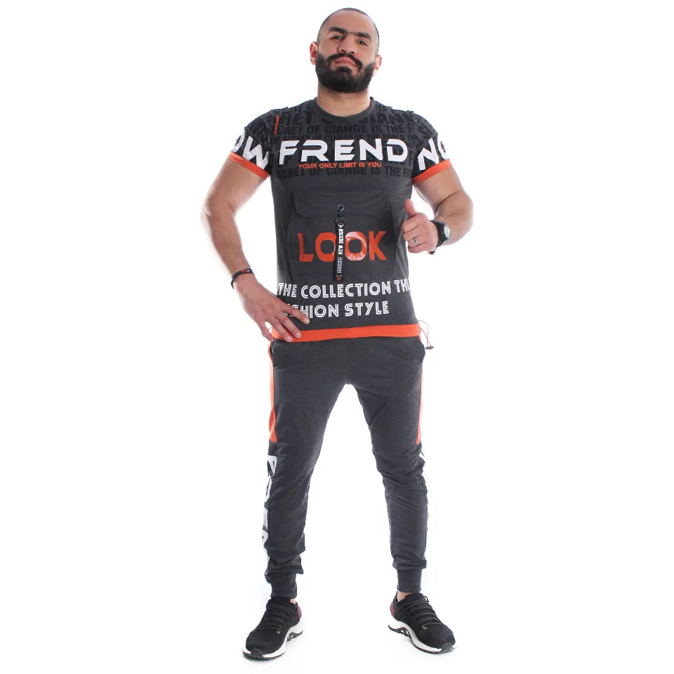 Men Training Suit Gray / Orange -7027
