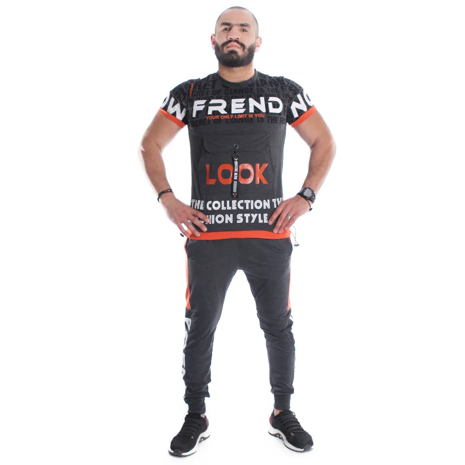 Men Training Suit Gray / Orange -7027