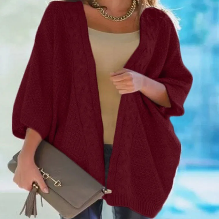 Oversized 3/4 Sleeve Cable Batwing Sweater Cardigan
