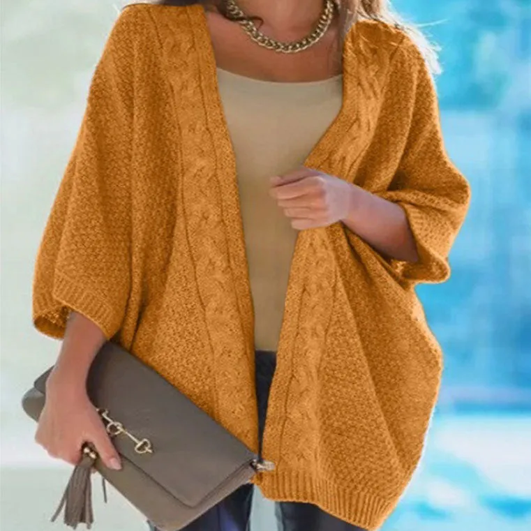 Oversized 3/4 Sleeve Cable Batwing Sweater Cardigan