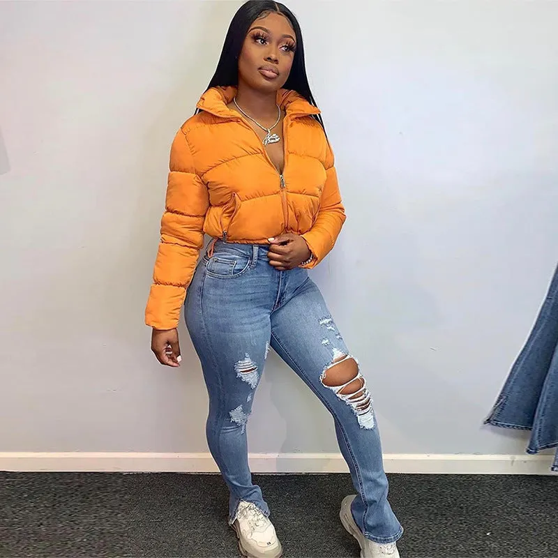 Puffer Jacket Womens Casual Long Sleeve Zip Up Winter Short Down Coat