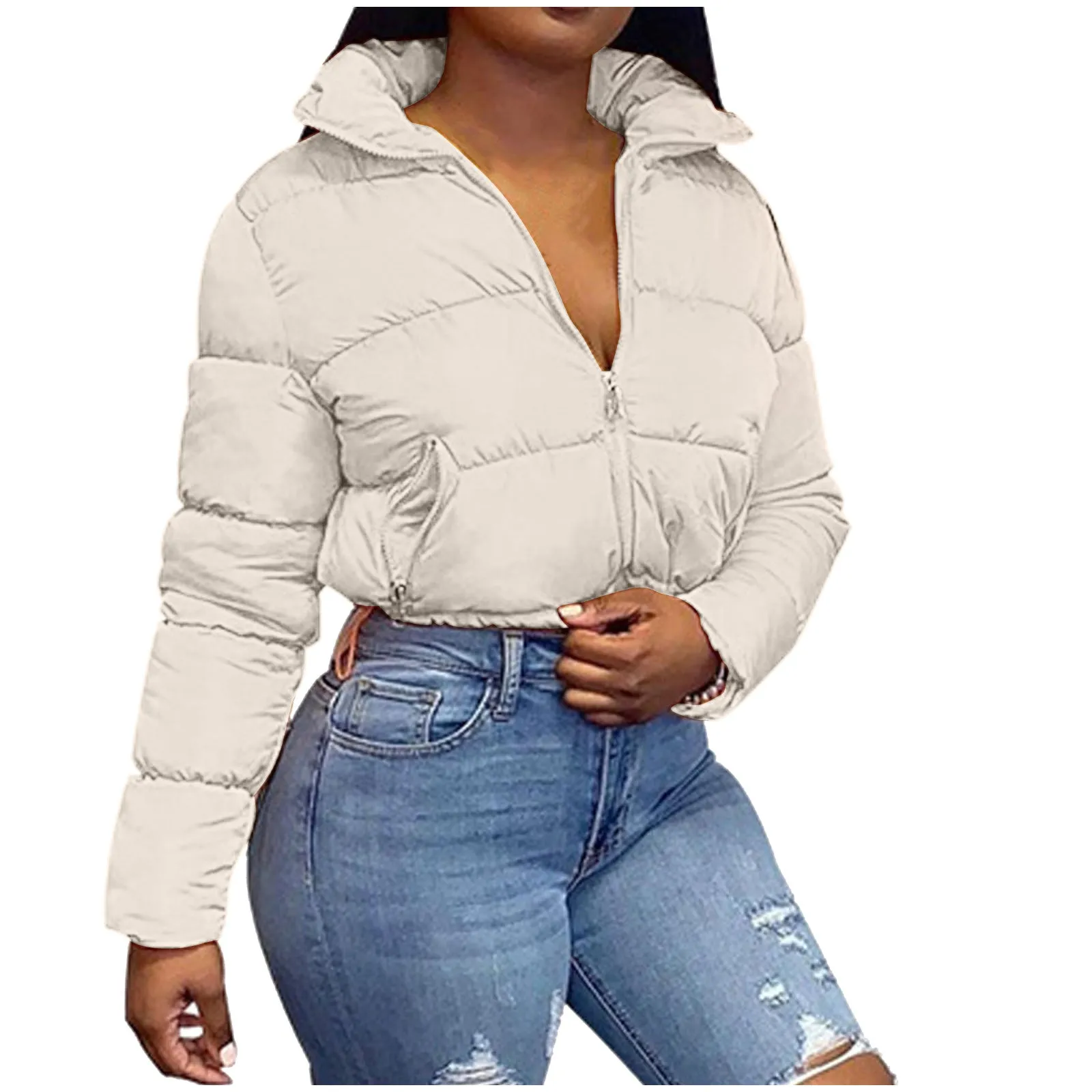 Puffer Jacket Womens Casual Long Sleeve Zip Up Winter Short Down Coat
