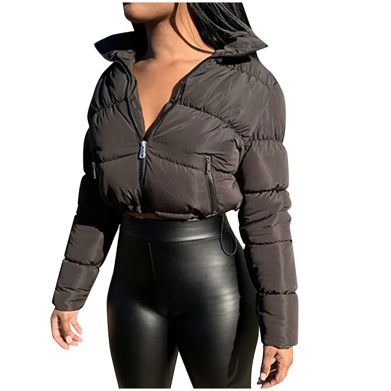 Puffer Jacket Womens Casual Long Sleeve Zip Up Winter Short Down Coat