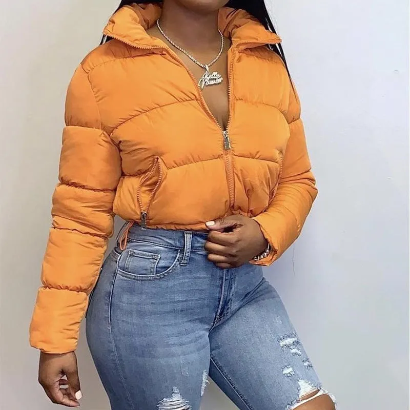 Puffer Jacket Womens Casual Long Sleeve Zip Up Winter Short Down Coat