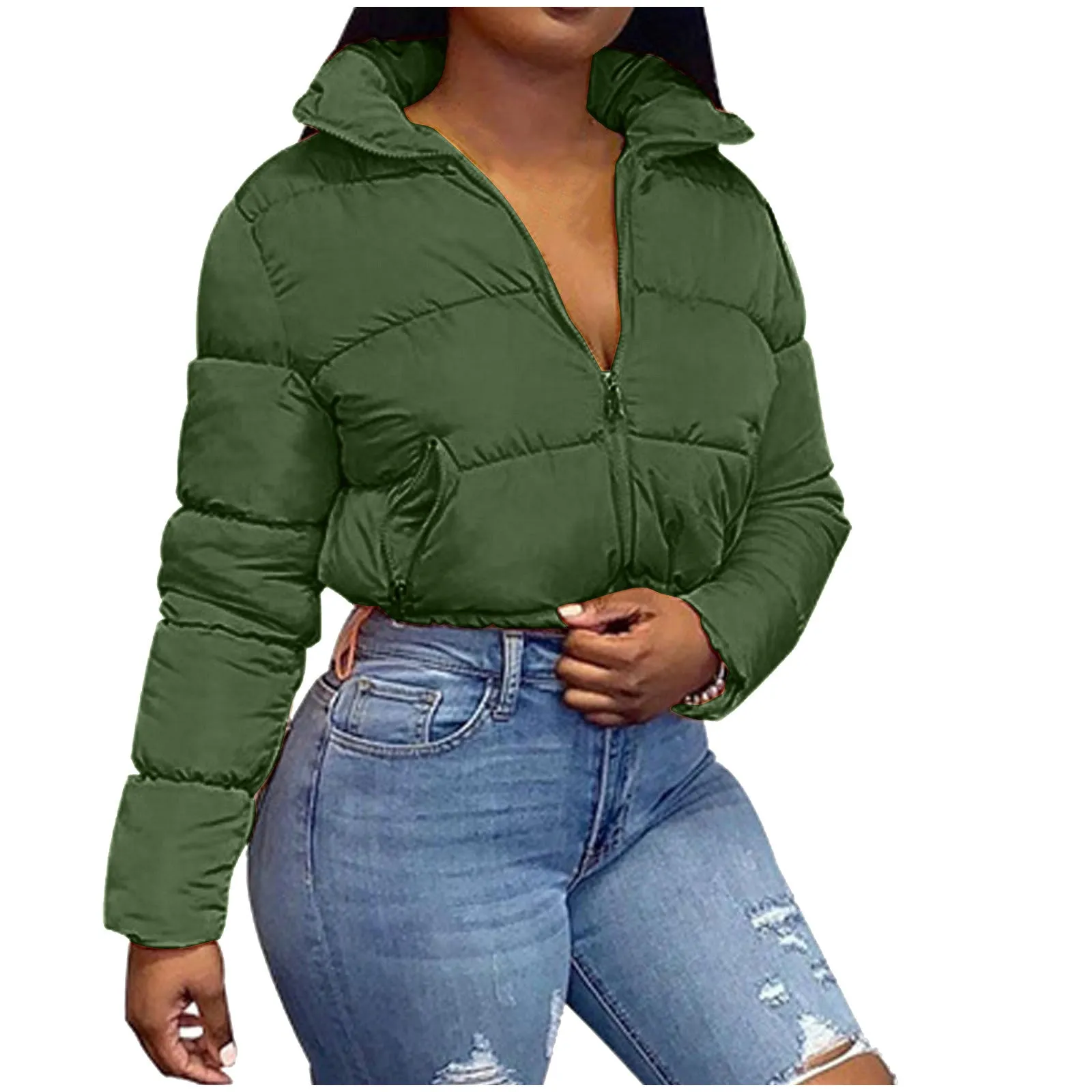 Puffer Jacket Womens Casual Long Sleeve Zip Up Winter Short Down Coat