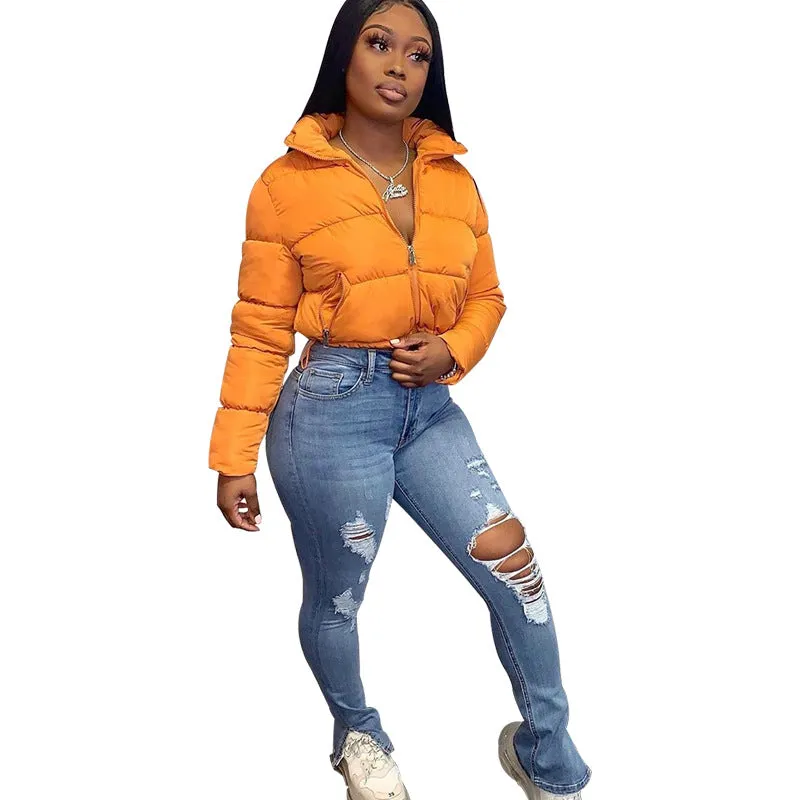 Puffer Jacket Womens Casual Long Sleeve Zip Up Winter Short Down Coat
