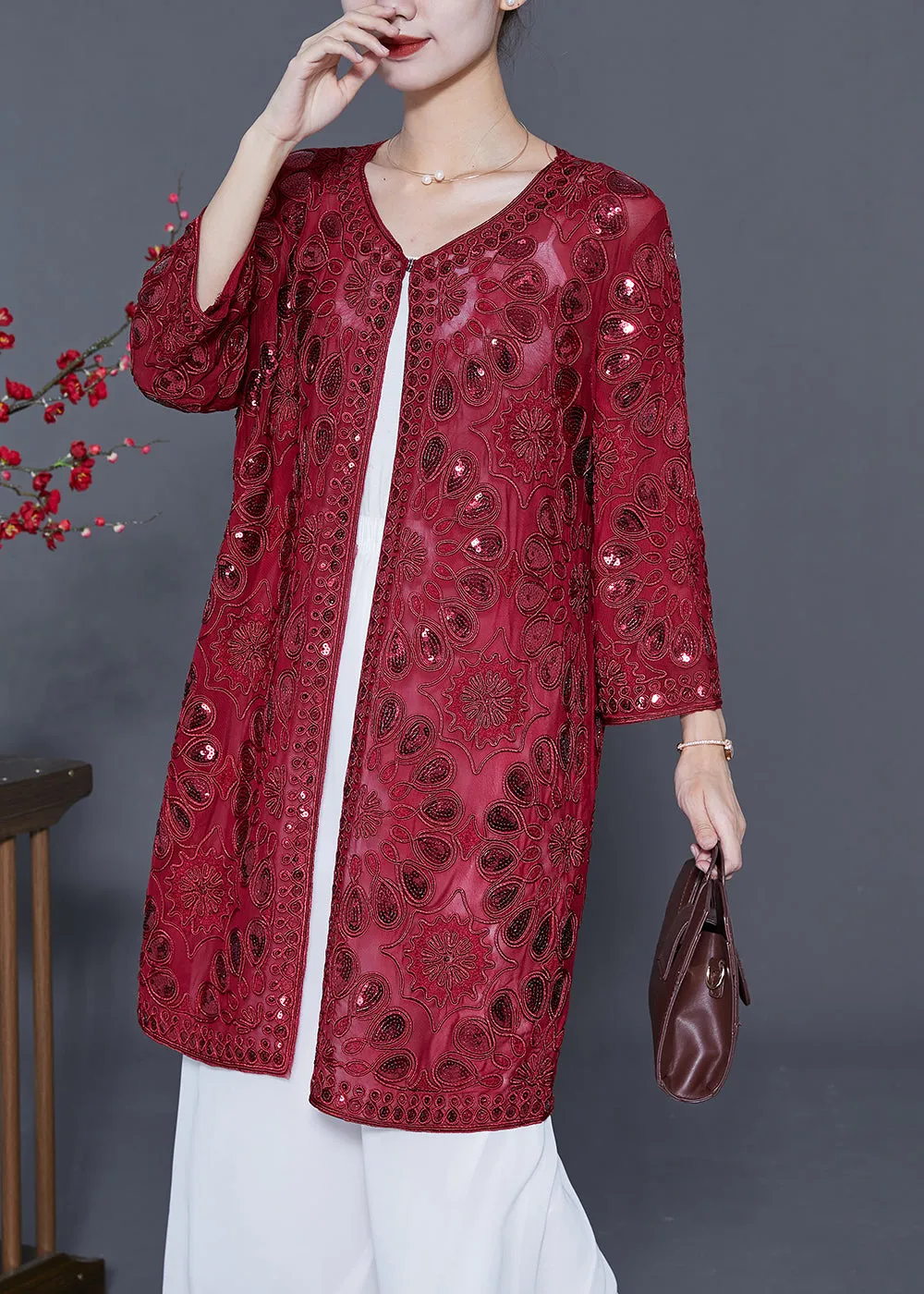Red Hollow Out Tulle UPF 50  Cardigans Embroideried Summer