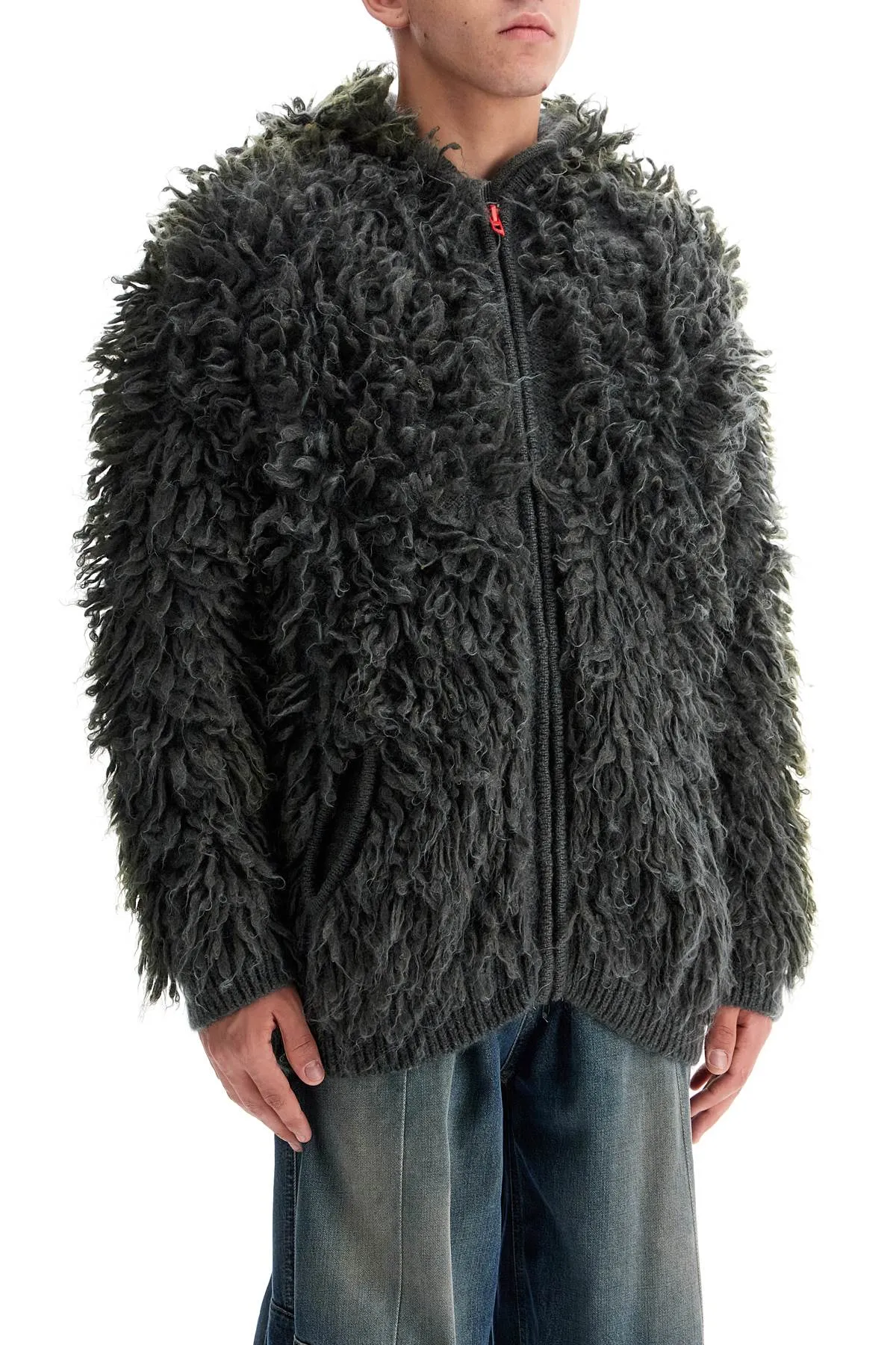 shaggy knit cardigan with hood A16451 0DBDH SOFT/BLACK