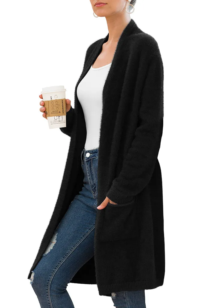 Solid Casual Front Knit Cardigans  Plush with Pockets