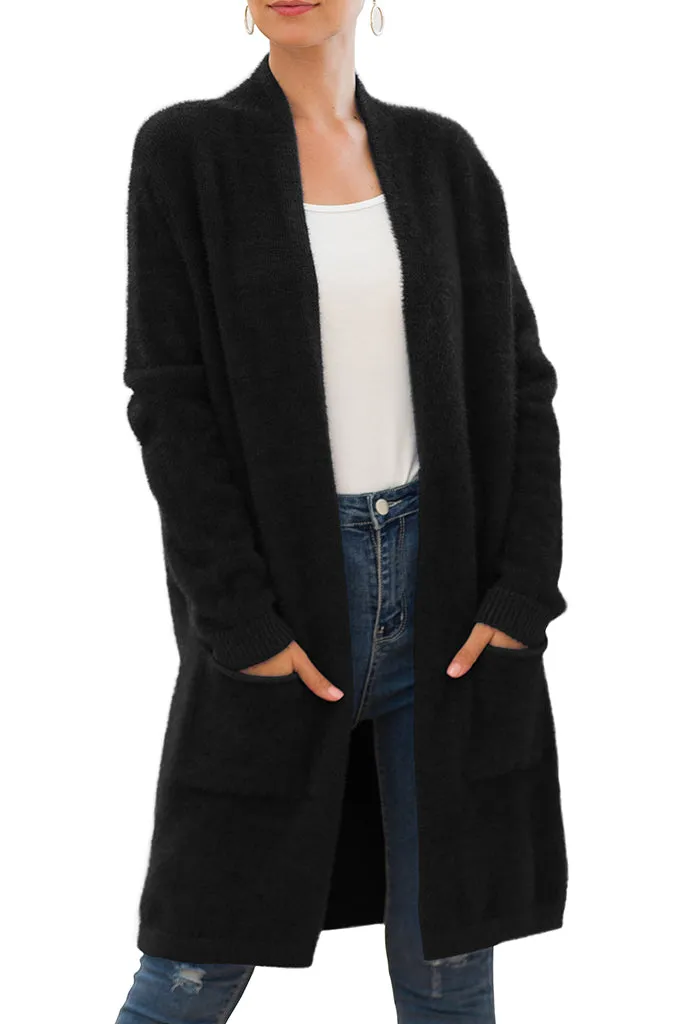 Solid Casual Front Knit Cardigans  Plush with Pockets