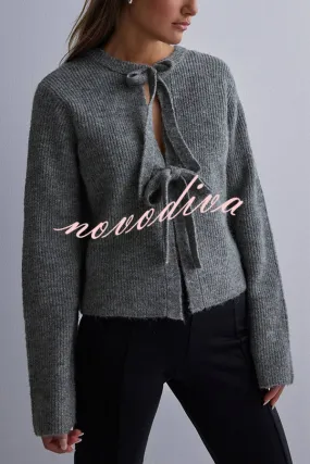 Solid Color Loose Long Sleeve Lace-up Knitted Cardigan
