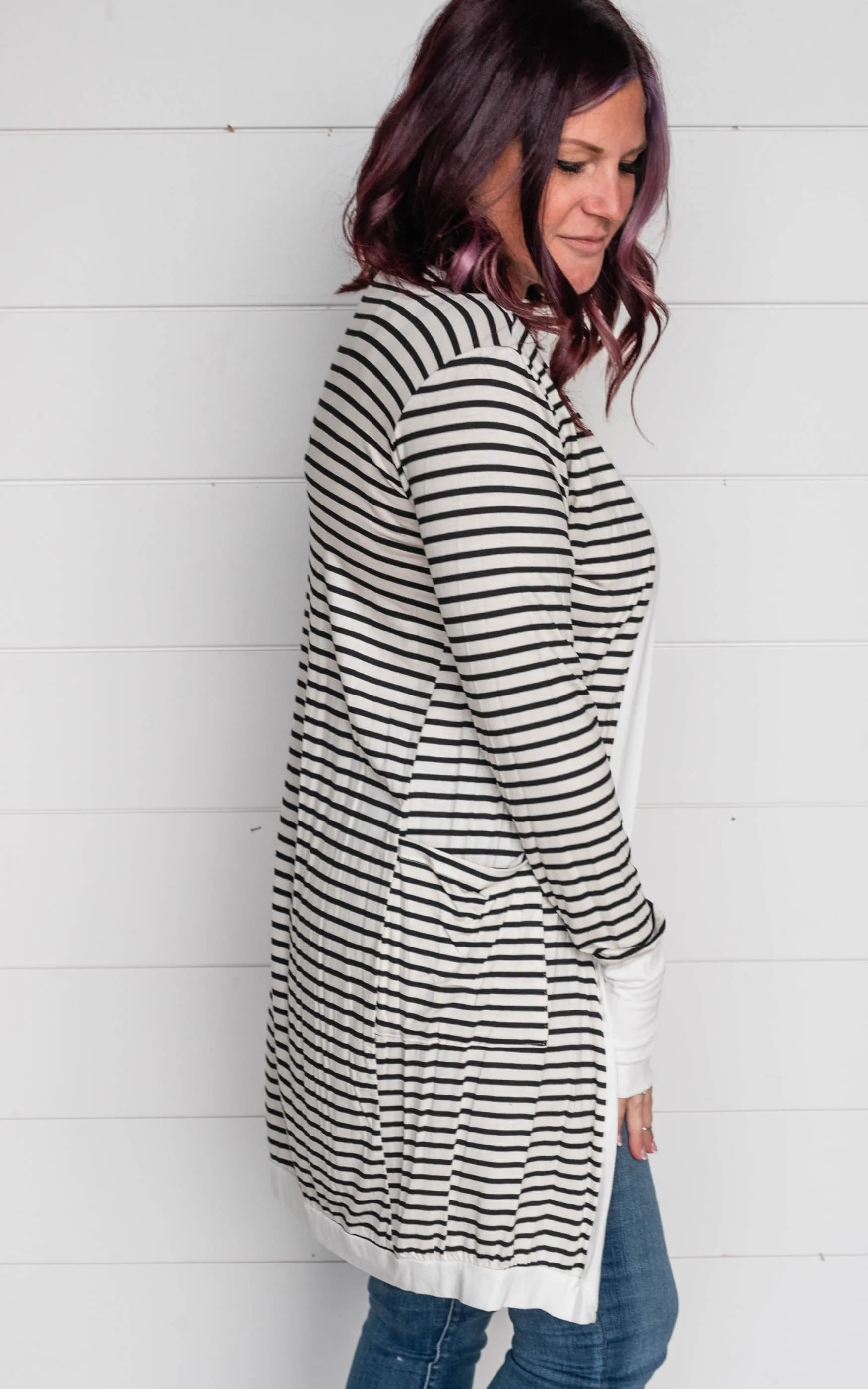 STRIPE OPEN MIDI CARDIGAN WITH THUMB HOLE - Final Sale
