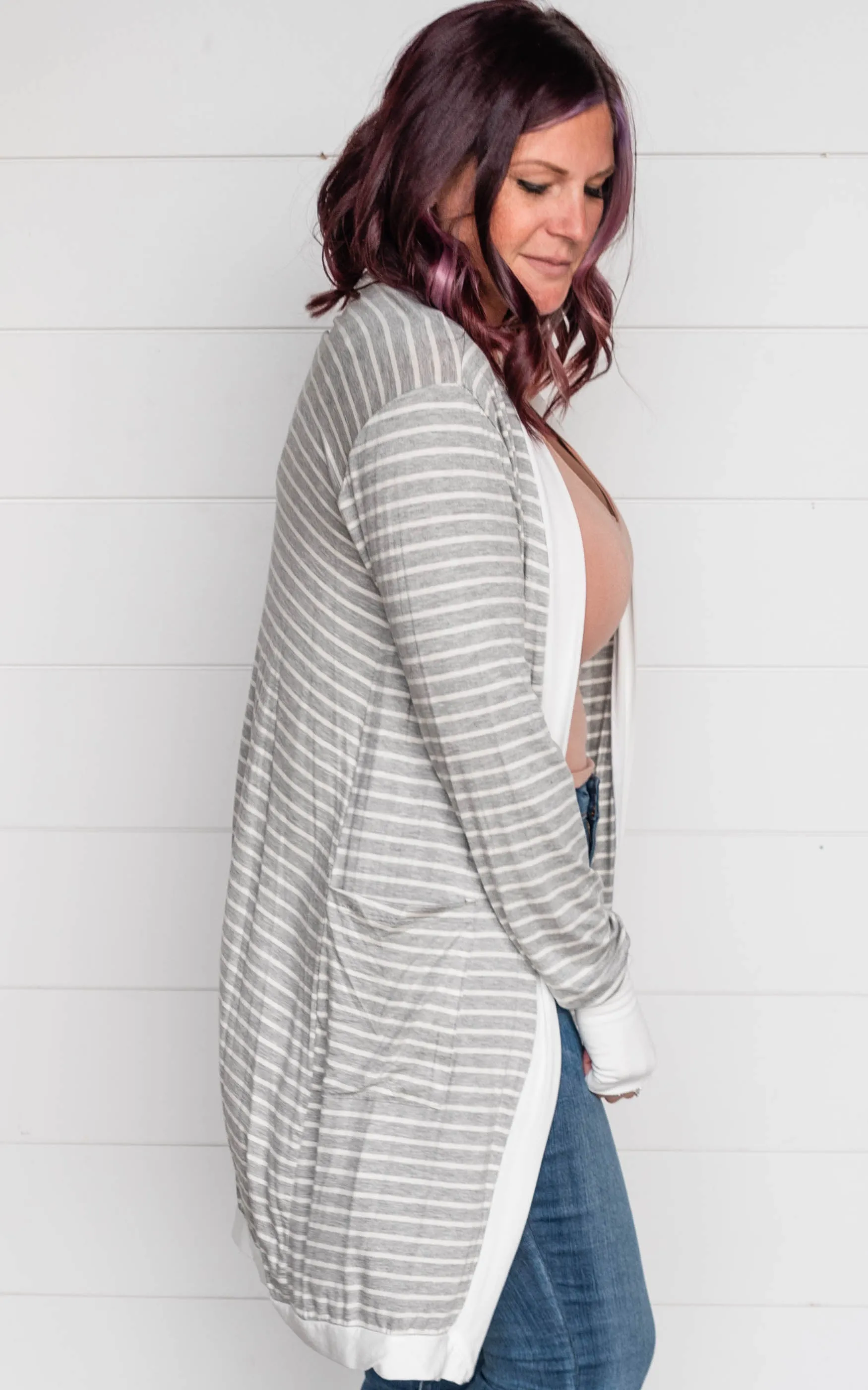 STRIPE OPEN MIDI CARDIGAN WITH THUMB HOLE - Final Sale