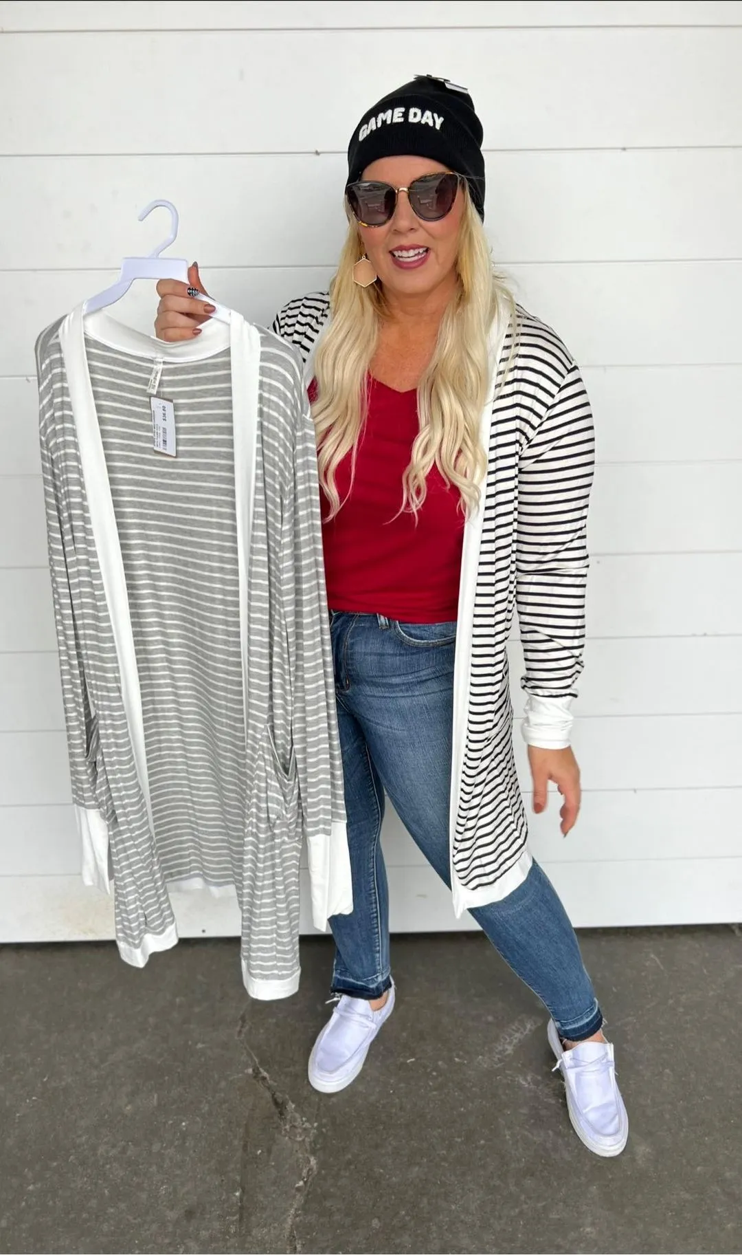 STRIPE OPEN MIDI CARDIGAN WITH THUMB HOLE - Final Sale