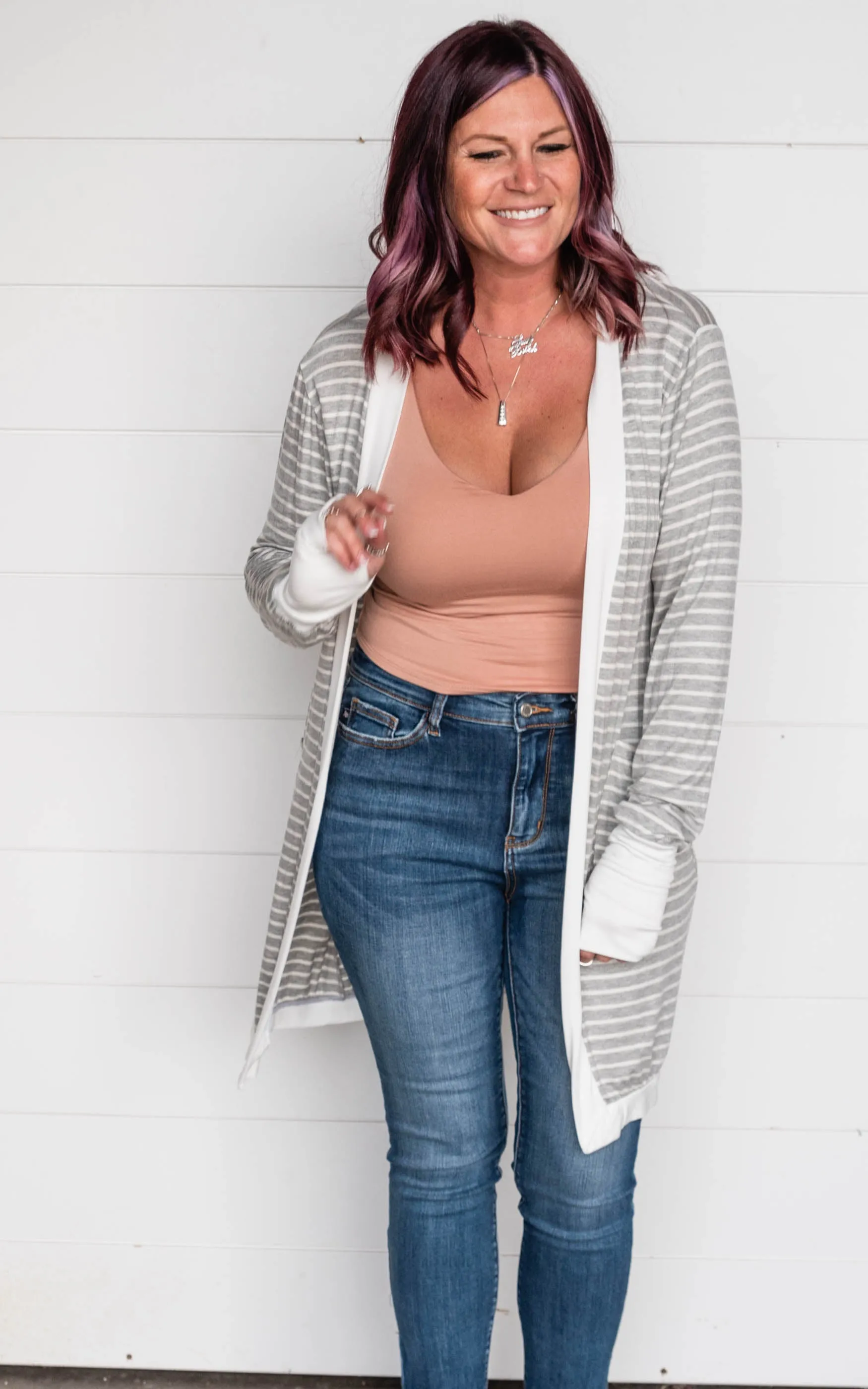 STRIPE OPEN MIDI CARDIGAN WITH THUMB HOLE - Final Sale