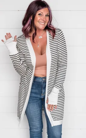 STRIPE OPEN MIDI CARDIGAN WITH THUMB HOLE - Final Sale