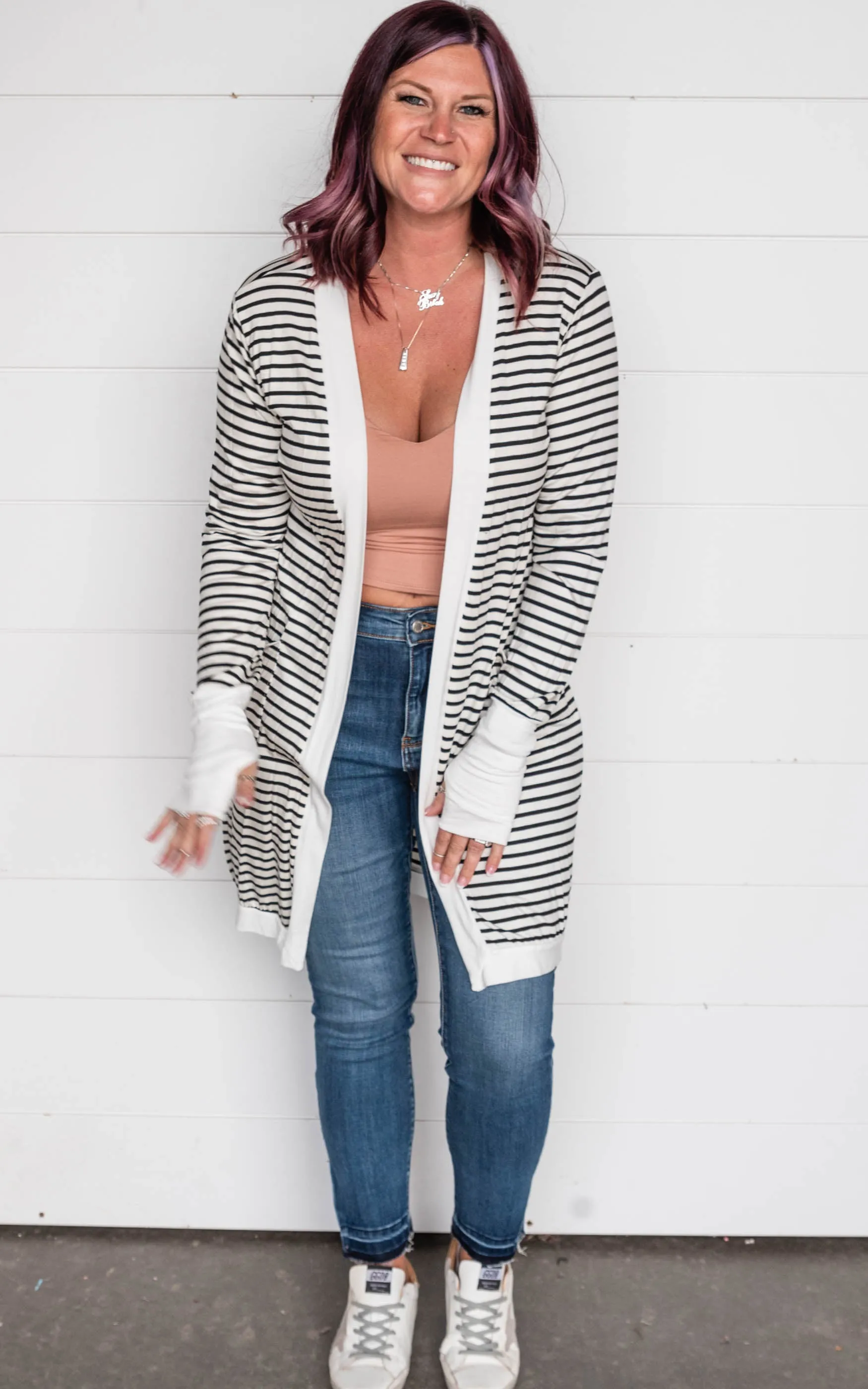 STRIPE OPEN MIDI CARDIGAN WITH THUMB HOLE - Final Sale