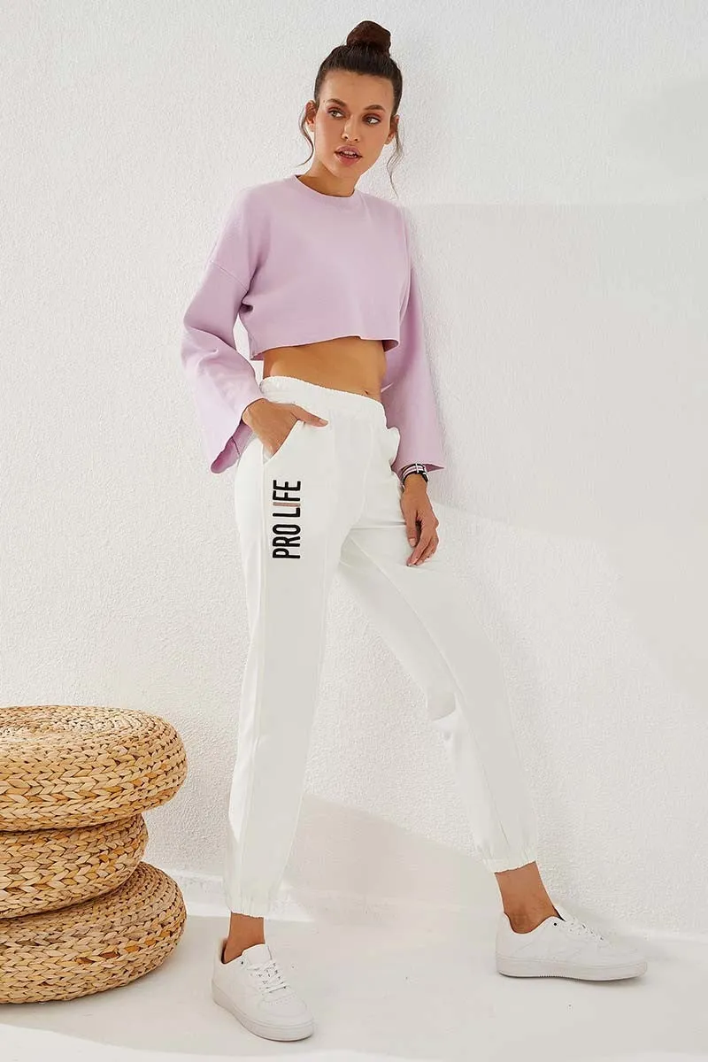 TMY Ecru Writing Embroidered Comfortable Fit Elastic Cuff Women's Sweatpants - 94571 - Suffolk