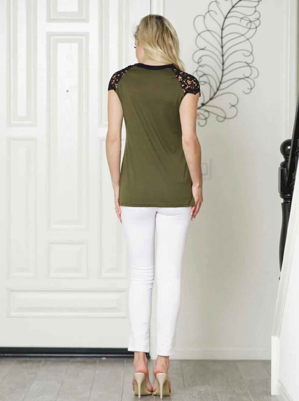 V NECK LACE PATCHWORK LOSSE TOP