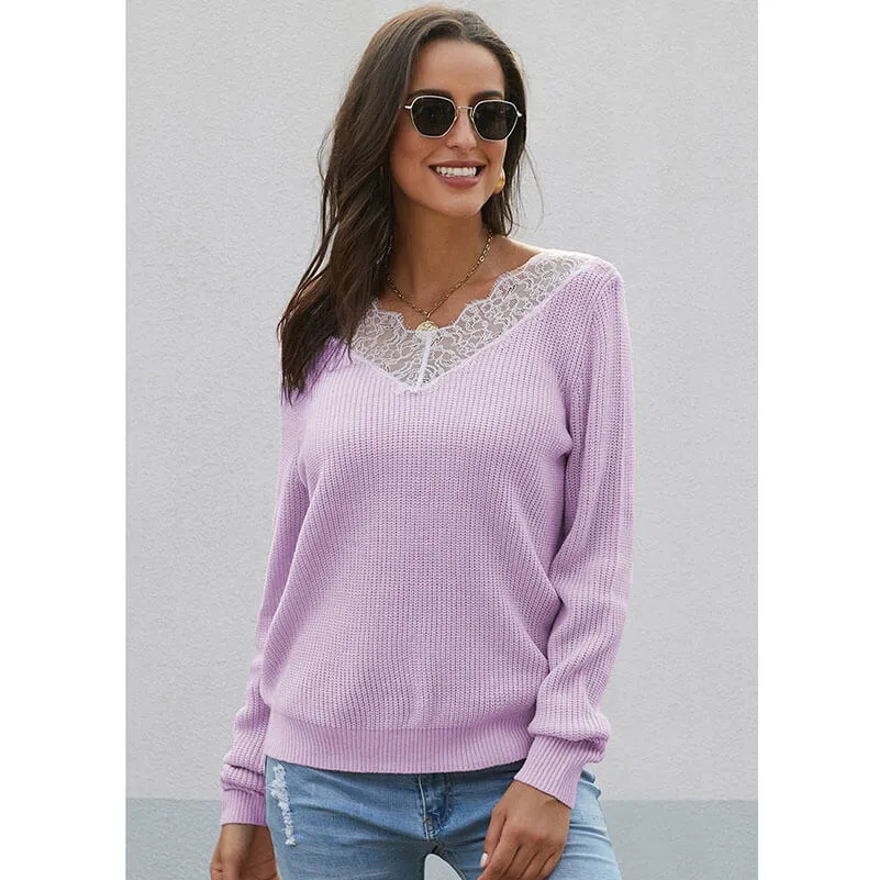 V-neck Ribbed Lace Pullover Sweater