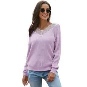 V-neck Ribbed Lace Pullover Sweater