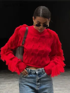 Wenkouban-Christmas Thanksgiving outfits_Fashion O-Neck Long Sleeve Patchwork Cropped Red Christmas Sweater