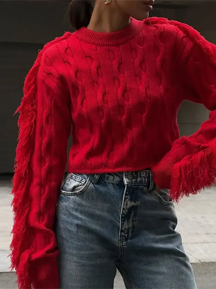 Wenkouban-Christmas Thanksgiving outfits_Fashion O-Neck Long Sleeve Patchwork Cropped Red Christmas Sweater
