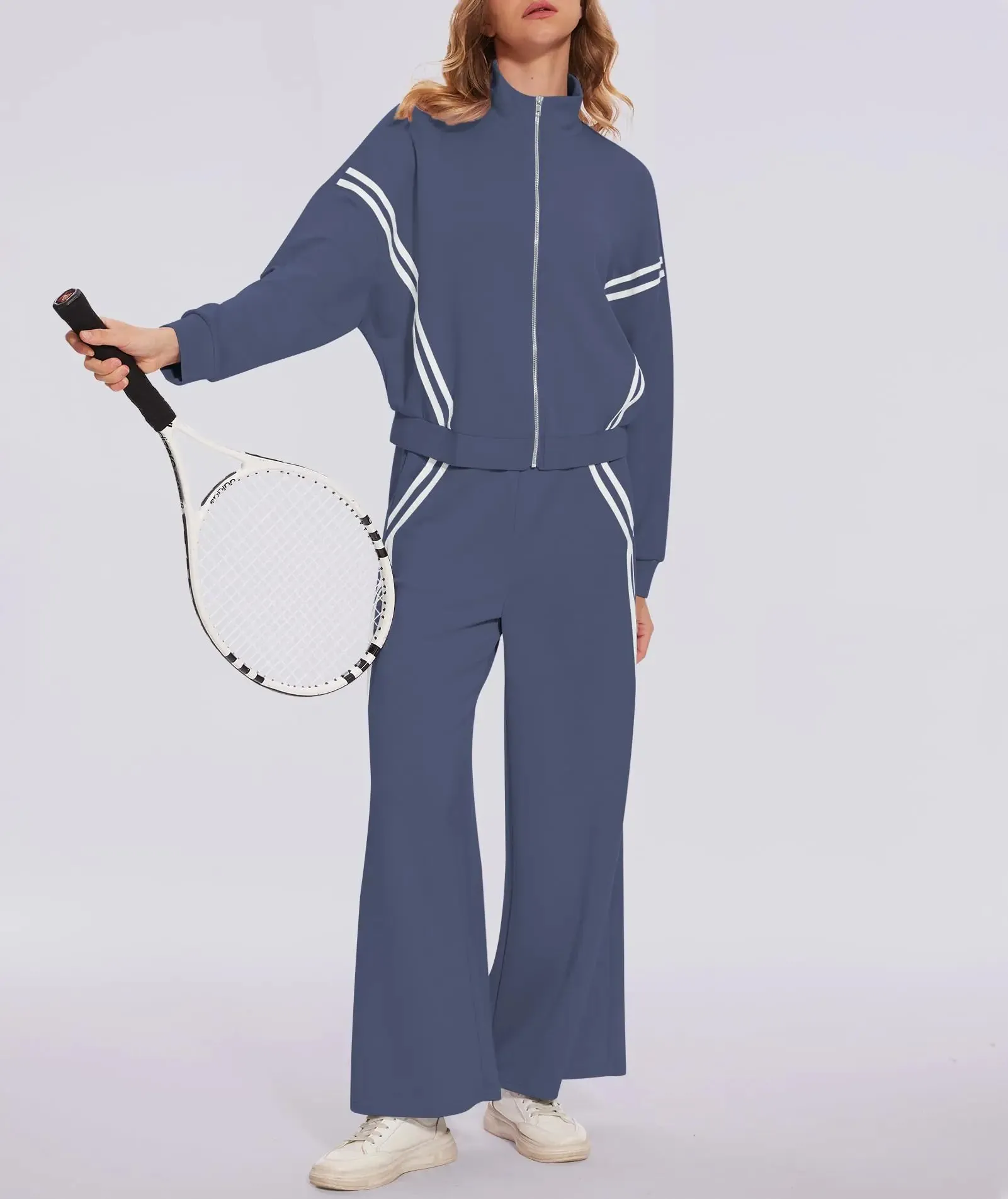 Women's 2 Piece Outfits Zip Up Sweatshirt Contrast Striped Wide Leg Sweatpants Suits Jogger Travel Matching Set Grey Blue X-Small