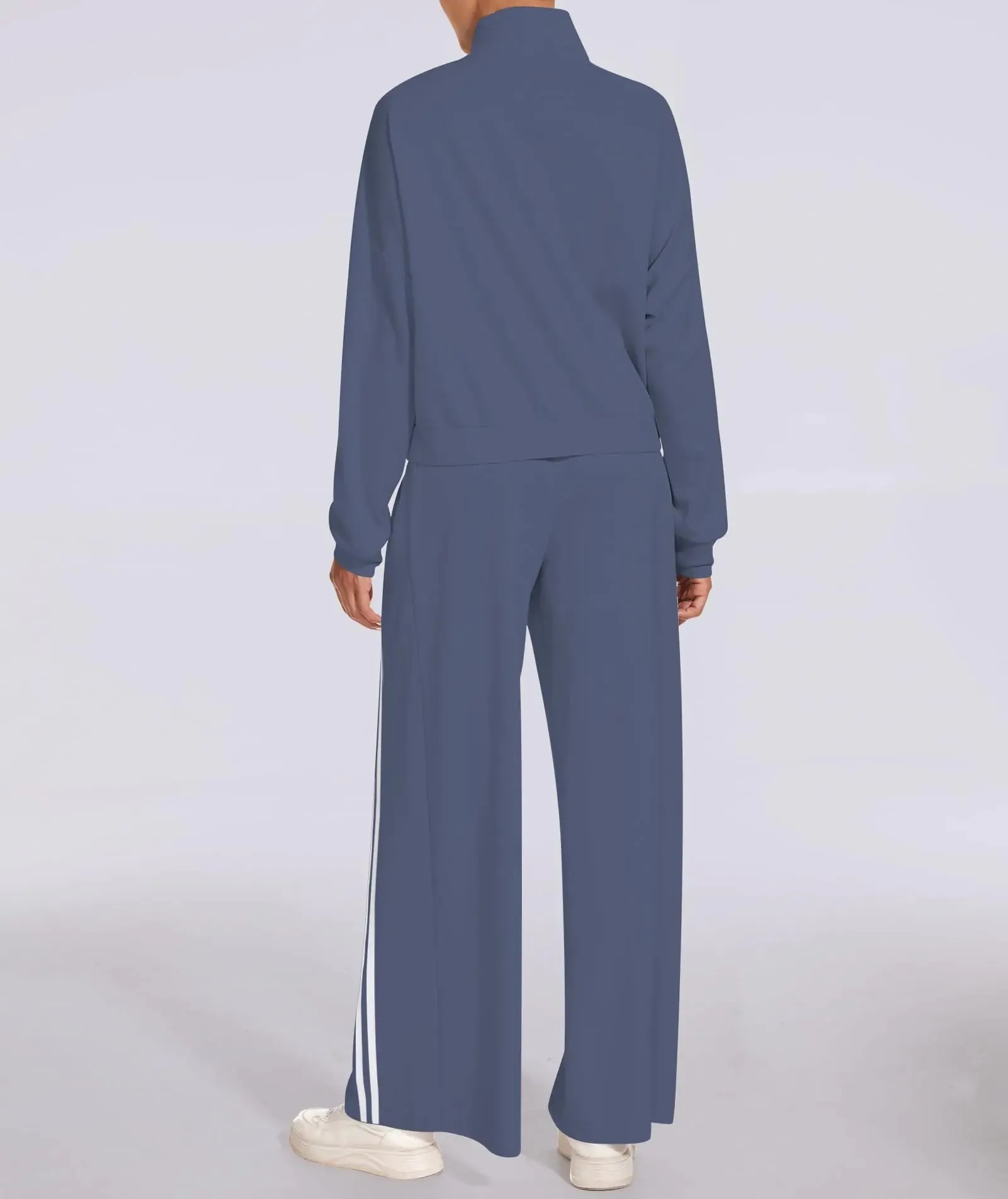 Women's 2 Piece Outfits Zip Up Sweatshirt Contrast Striped Wide Leg Sweatpants Suits Jogger Travel Matching Set Grey Blue X-Small