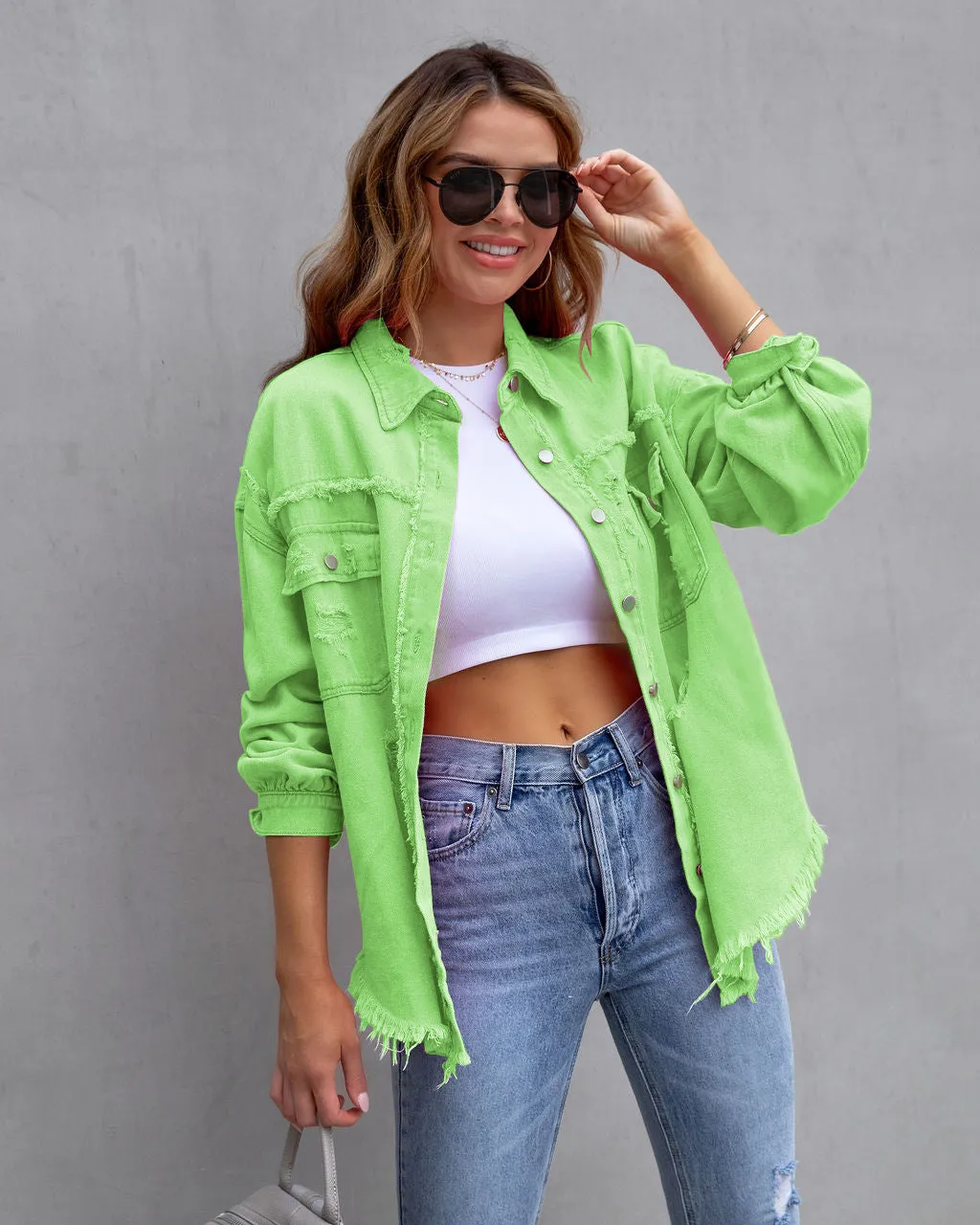 Women’s Ripped Button Shirt Jacket with Raw Hem